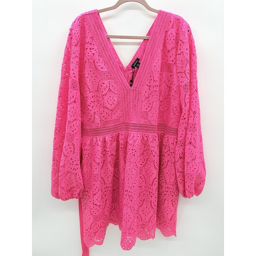 Boohoo Womens Plus Size 22 US Premium Lace Volume Sleeve Skater Dress in Pink
